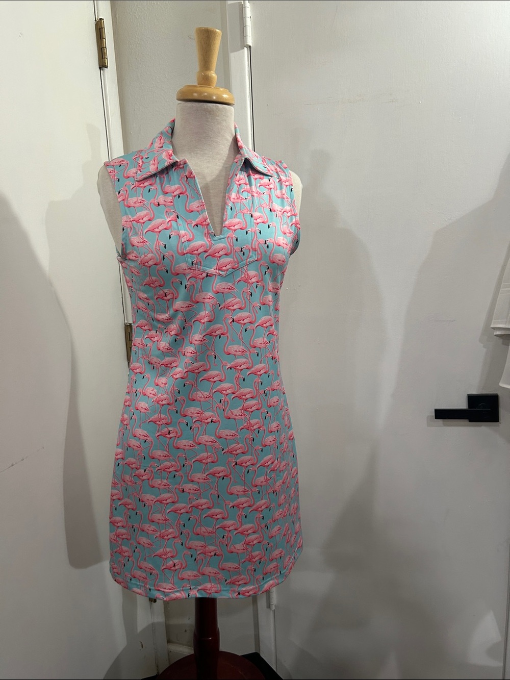 Sleeveless Flamingo-Print Swim Coverup Dress in Aqua & Pink
